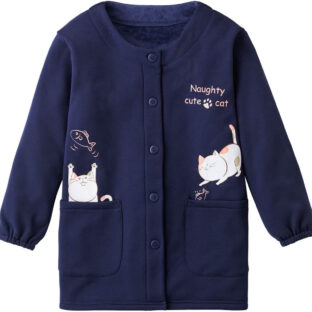 かっぽう着 あったか 割烹着 前開き 裏起毛 かわいい ネコ 猫 CAT まるで毛布のようなかっぽう着 ネイビー